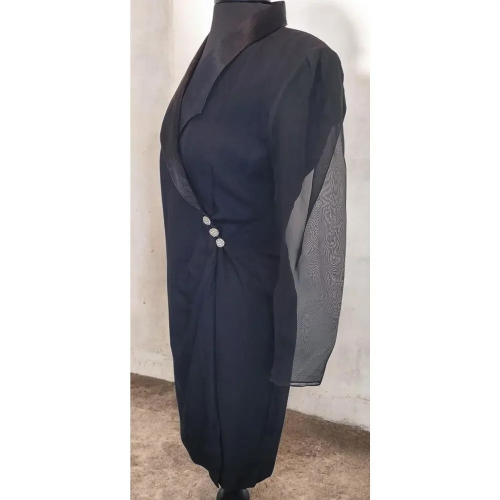 VTG J.R. Nites Wrap Dress USA Black Satin Sheer Sleeve Formal 80s 90s